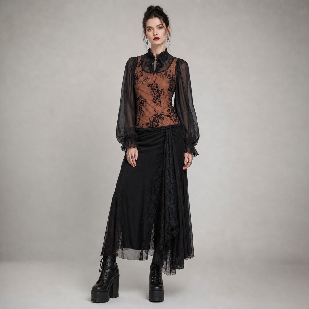 Vintage Y2K Brown Black Floral Lace Mesh Top Petite S/L Whimsigoth Fairy JTB - Picture 3 of 11